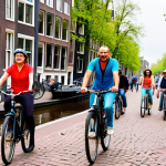 **Prompt:** A vibrant image of a tour guide leading a group of tourists on bicycles through Amsterdam. The scene should highlight the charm of the city's canals and architecture, with a focus on sustainable transportation. Tourists should have reusable water bottles and the overall atmosphere should be bright and eco-friendly.