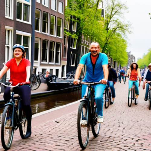 Home 4 **Prompt:** A vibrant image of a tour guide leading a group of tourists on bicycles through Amsterdam. The scene should highlight the charm of the city's canals and architecture, with a focus on sustainable transportation. Tourists should have reusable water bottles and the overall atmosphere should be bright and eco-friendly.