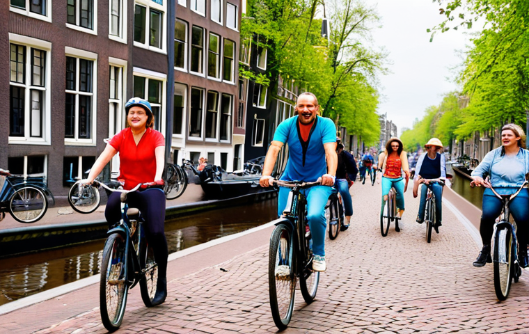 **Prompt:** A vibrant image of a tour guide leading a group of tourists on bicycles through Amsterdam. The scene should highlight the charm of the city's canals and architecture, with a focus on sustainable transportation. Tourists should have reusable water bottles and the overall atmosphere should be bright and eco-friendly.
